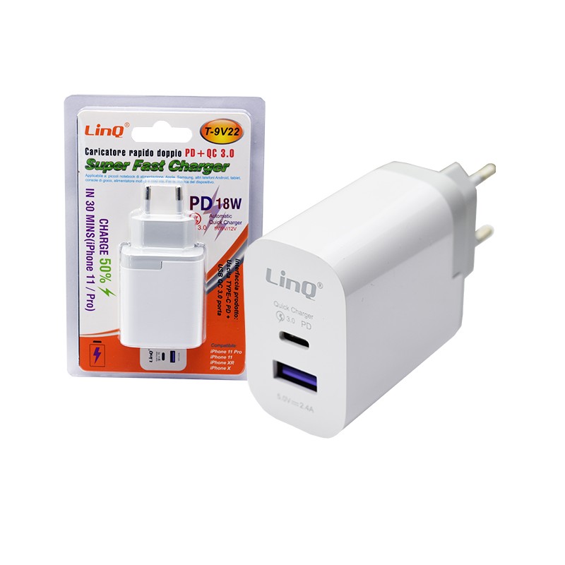 Cargador doble de carga rápida TIPO C y USB 18W LinQ T-9V22